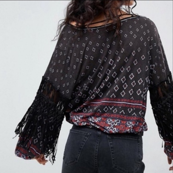 Free People Top Fringed Macrame Front Tie V-Neck Long Sleeve Black Multi L NWT - Picture 12 of 16